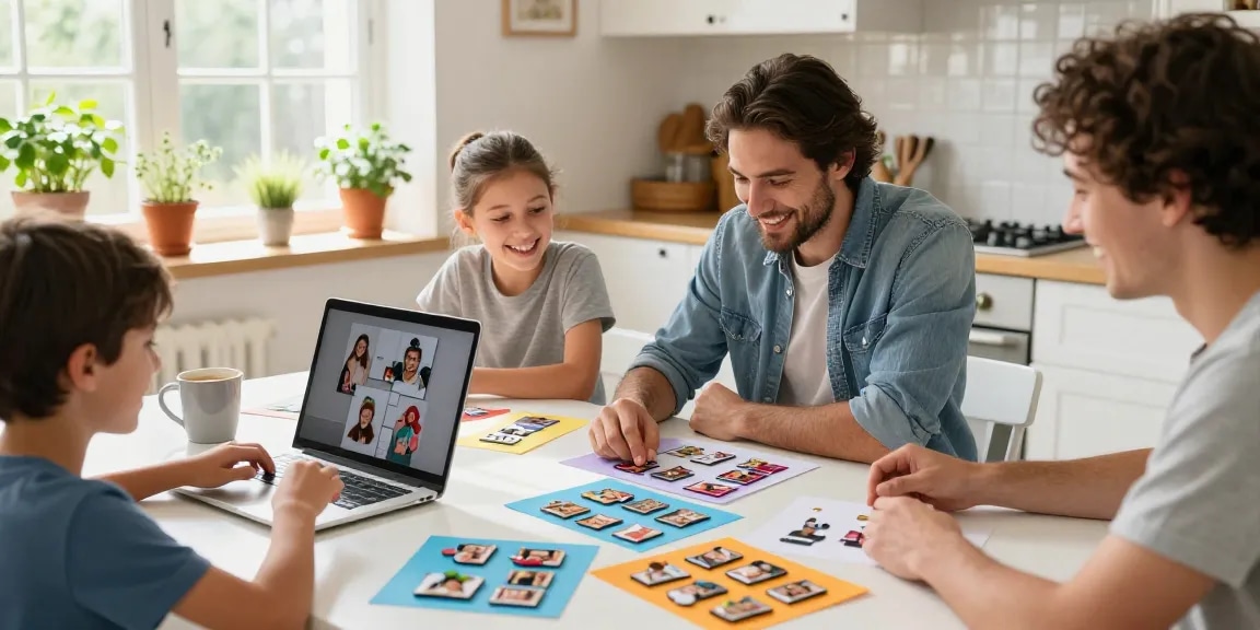 Family creating personalized photo magnets, celebrating memories with vibrant designs in a sunny kitchen.
