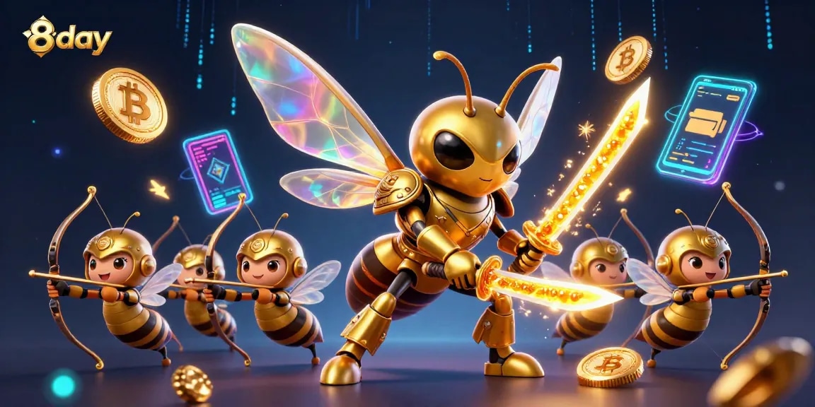 Engage with exciting games at 8day, featuring a 3D golden hornet samurai surrounded by vibrant crypto elements.