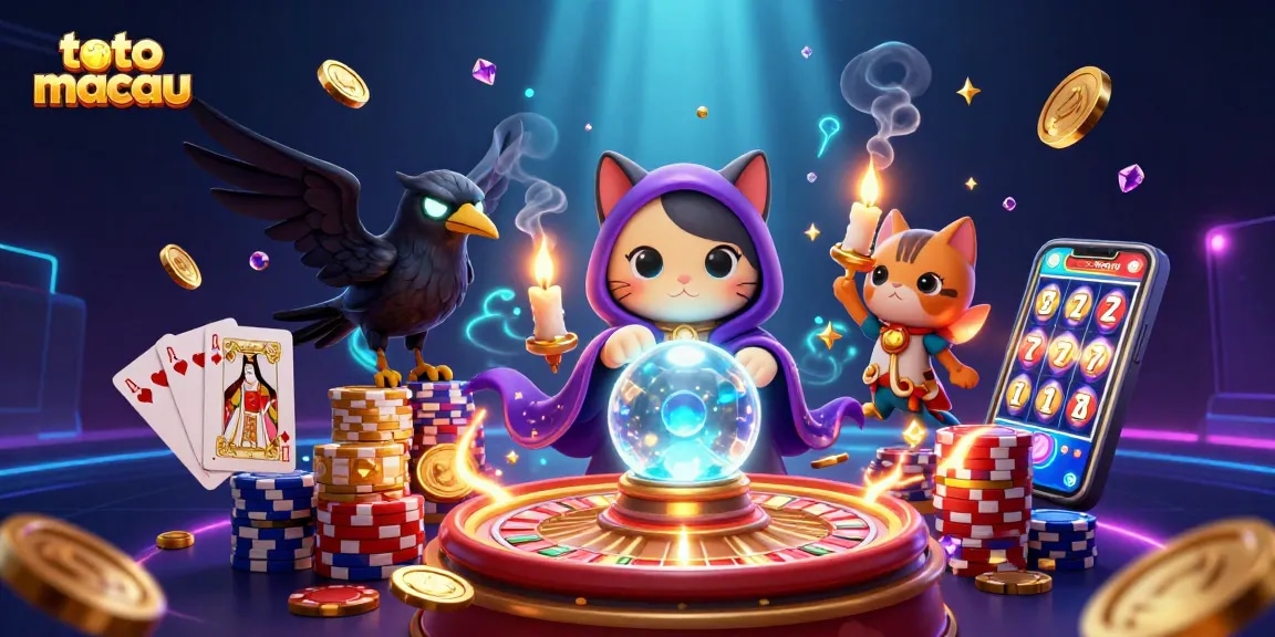 Memainkan toto macau dengan kucing mistis dan burung gagak, dikelilingi koin mengalir dan gem berkilau.