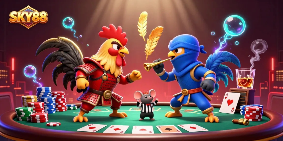SKY88 depicts twin roosters in a dramatic standoff surrounded by poker elements and vibrant effects.