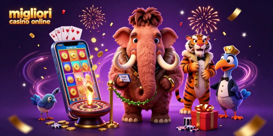 Gioca nei migliori casino online con il mammut bouncer e il VIP dodo in un'illustrazione vivace.