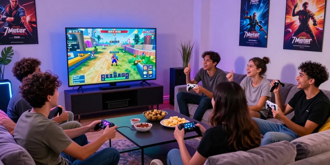 Friends enjoying 7meter gaming experience together with snacks and bright LED lights.