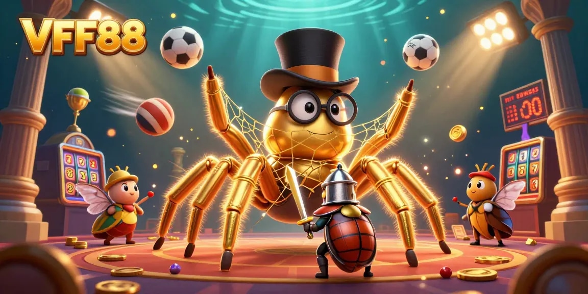 Experience thrilling wins with VFF88's vibrant casino scene featuring a golden tarantula and beetle knight.