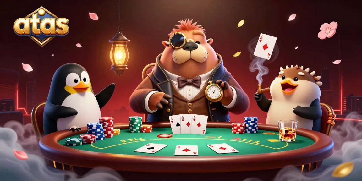 Experience intense poker action at ATAS Casino with unique characters bluffing and winning.