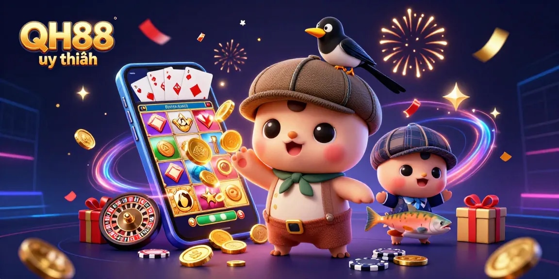 Play exciting games at QH88 uy tín, featuring an entertaining scene with vibrant slot action and characters.