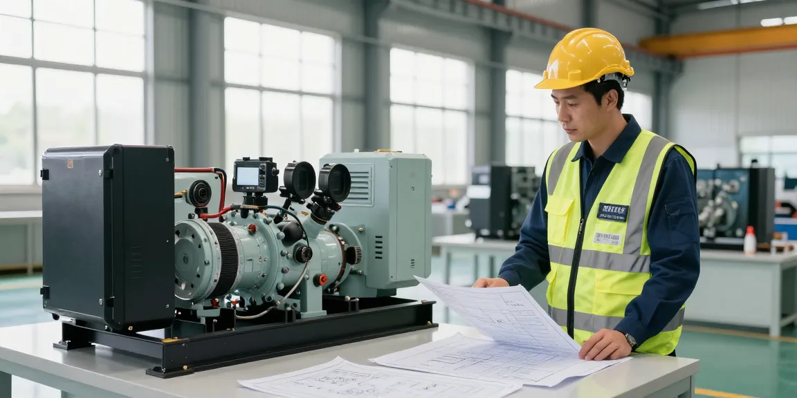 Professional engineer assessing generator set design in modern facility by leading generator manufacturer.