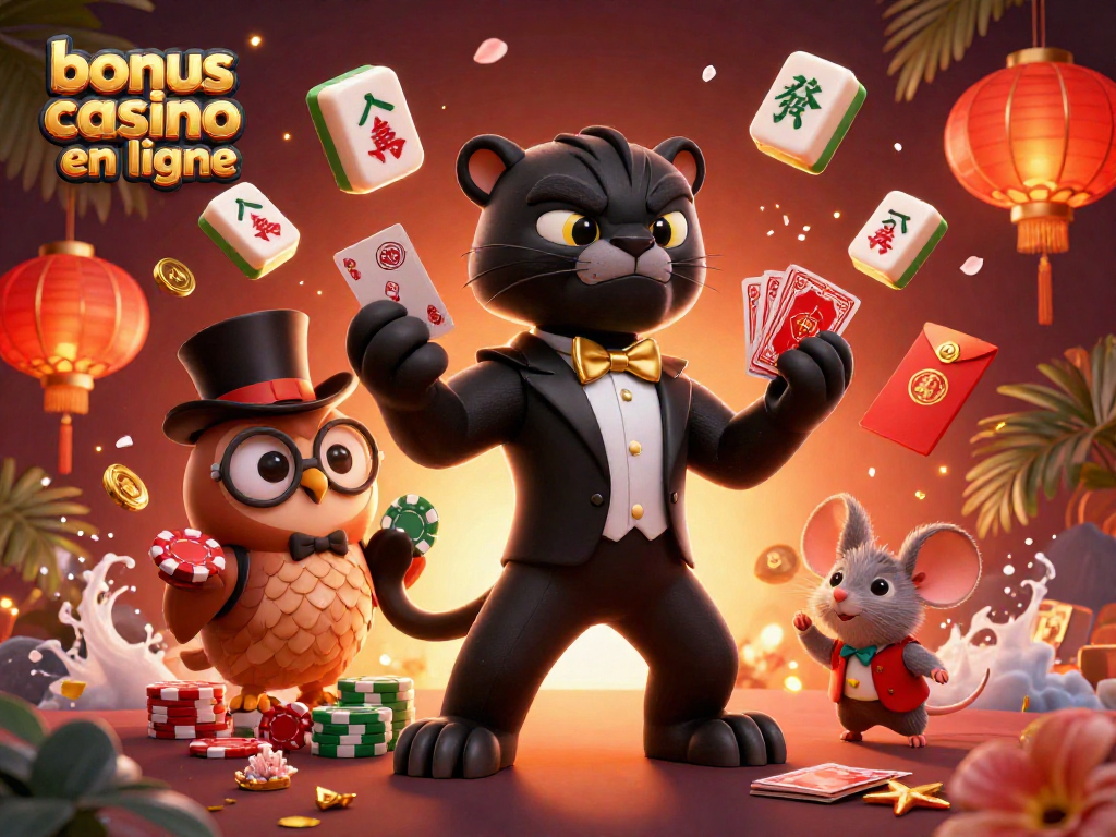 Profitez d'un bonus casino en ligne avec un panthère élégante distribuant des cartes tout en célébrant une victoire festive.