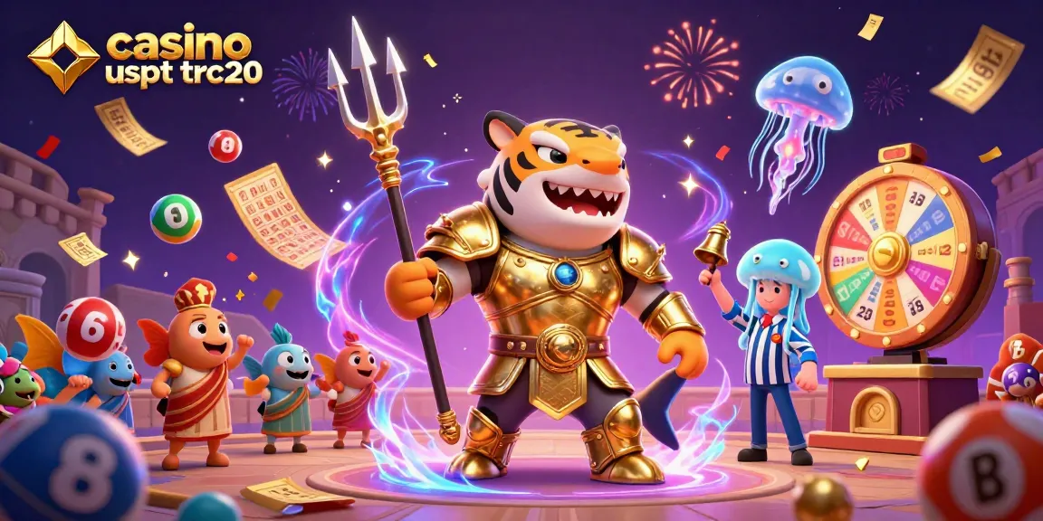 Gioca nei casino usdt trc20 con un'illustrazione 3D di un pesce tigre guerriero e elementi di gioco vibranti.