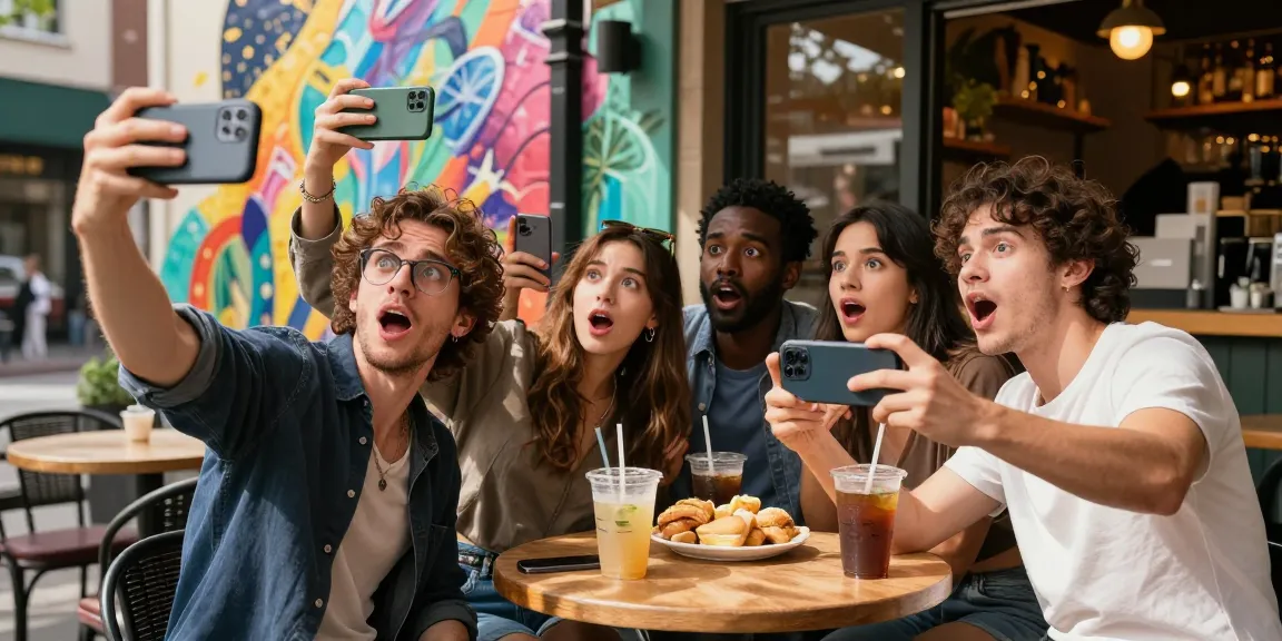 Group of friends comparing celebrity look-alike results while enjoying a day out, highlighting the fun of discovering who they resemble.