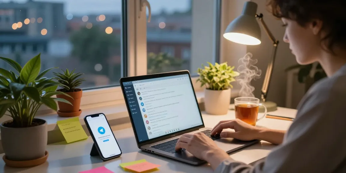 Engaging workspace with a Telegram account in China displayed on a laptop, showcasing social connections amidst a modern urban backdrop.