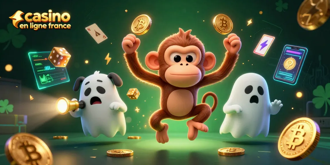 Illustration animée de "casino en ligne france" avec un singe fantôme jonglant des pièces d'or et un chiot chasseur de fantômes.