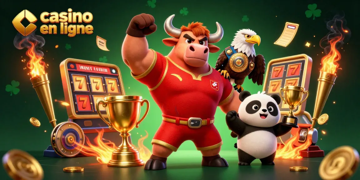 Vivez l'excitation du casino en ligne avec notre mascotte triomphante et des jeux dynamiques autour.