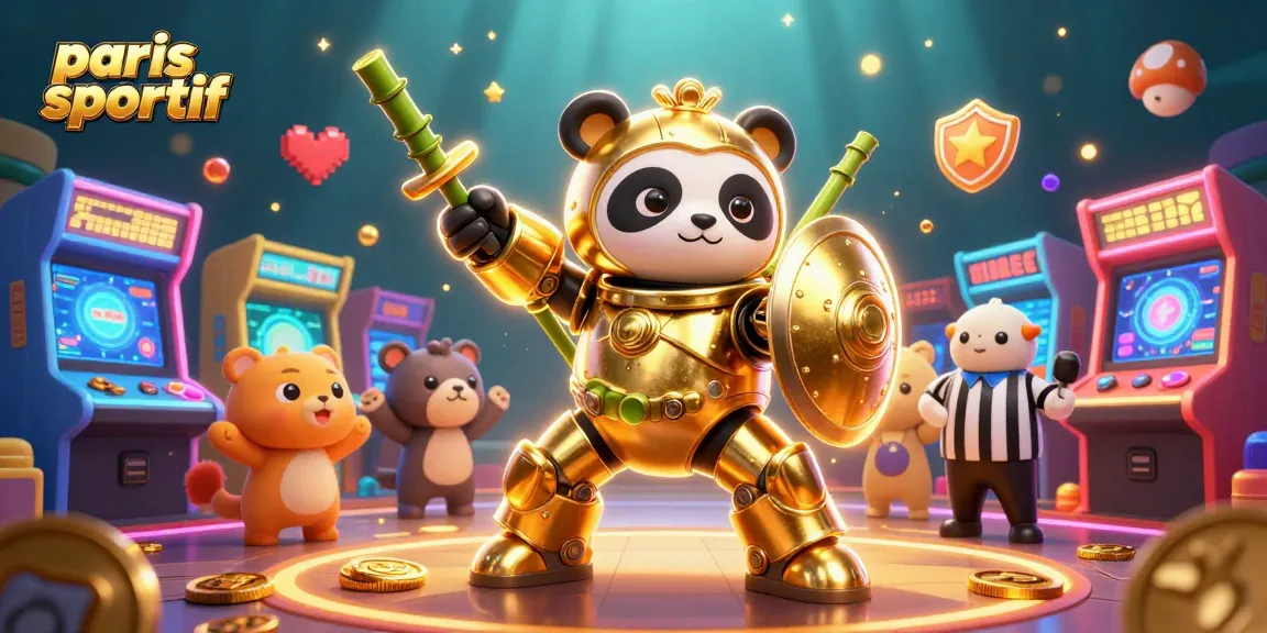 Pariez avec paris sportif : illustration dynamique de panda doré et robot dans une arène de jeux