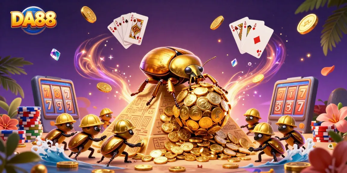 DA88 showcases a golden beetle rolling coins in a dynamic 3D casino scene filled with vibrant game elements.