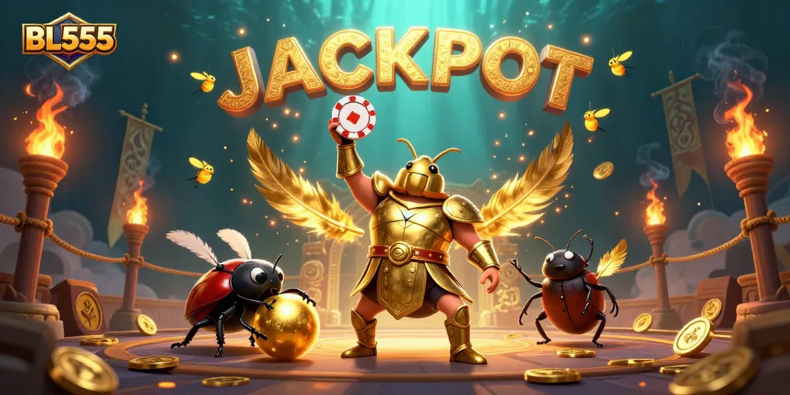 Experience the excitement of BL555 with a victorious beetle lifting poker chips in a rich, dynamic casino scene.