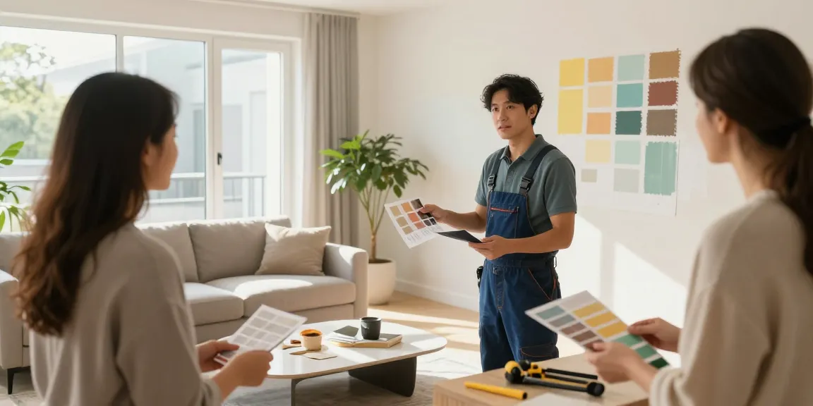 Renovation consultation in a bright living room with contractor and homeowner discussing design.