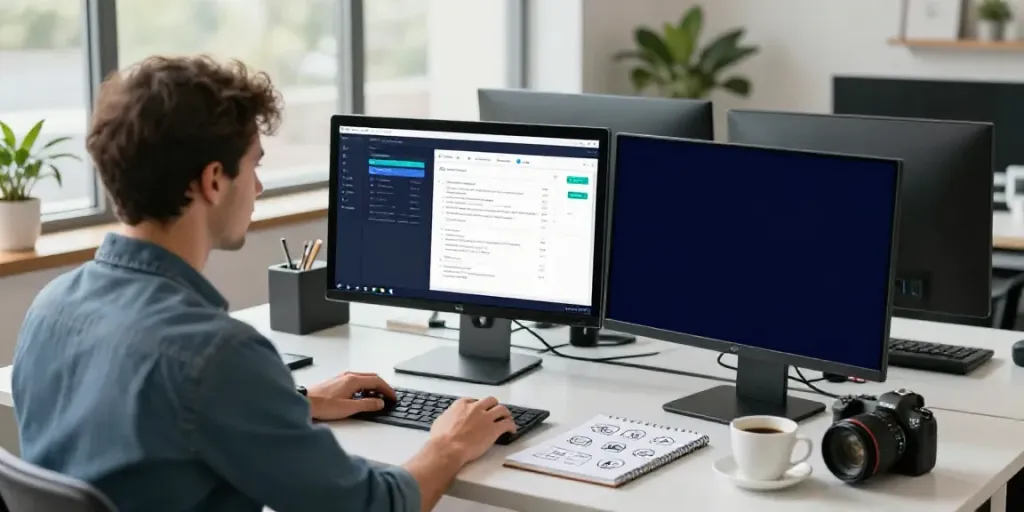 Professional using AI tools for advertising copy in a creative workspace