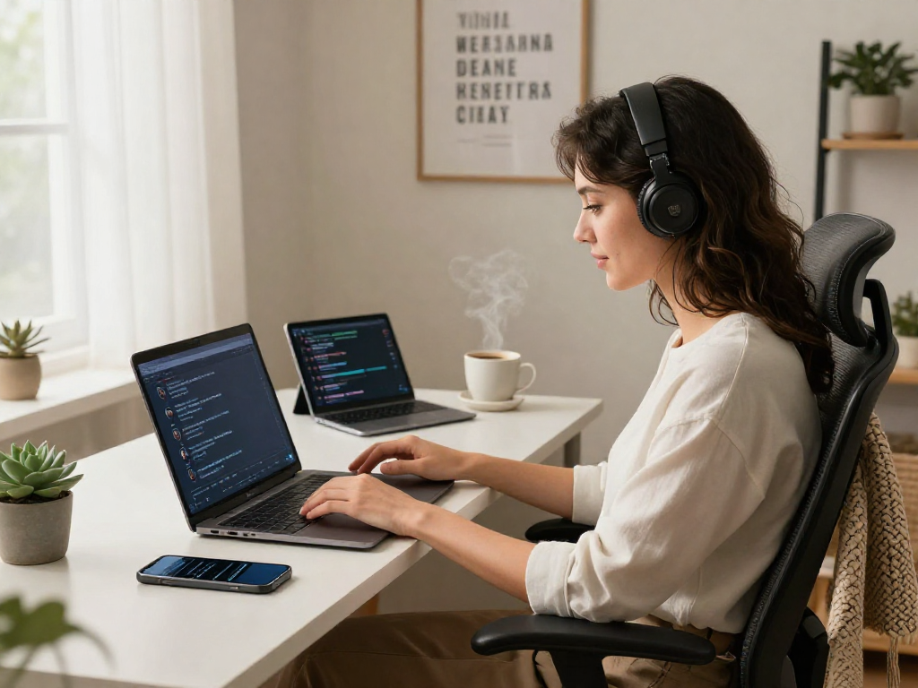 Engaging in an AI nsfw chat conversation in a modern home office setting, showcasing a tech-savvy environment.
