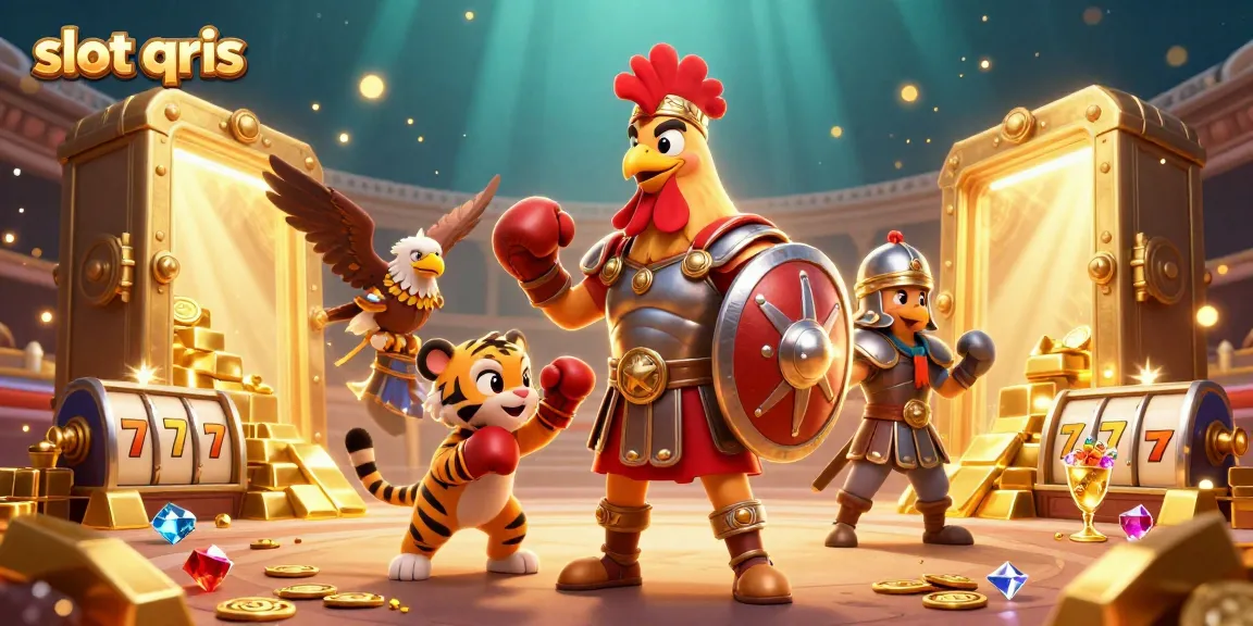 Experience the excitement of slot qris in this colorful 3D scene featuring a valiant rooster in a captivating casino arena.