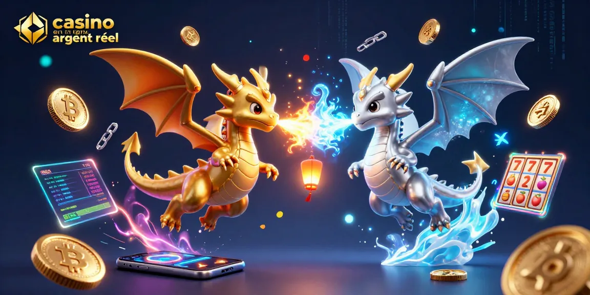 Jouez dans un casino en ligne argent réel entouré de dragons et d'éléments de jeu numériques.