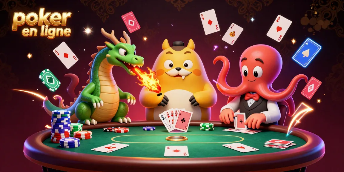 Jouez au poker en ligne avec des personnages colorés autour d'une table, des jetons brillants et un dragon