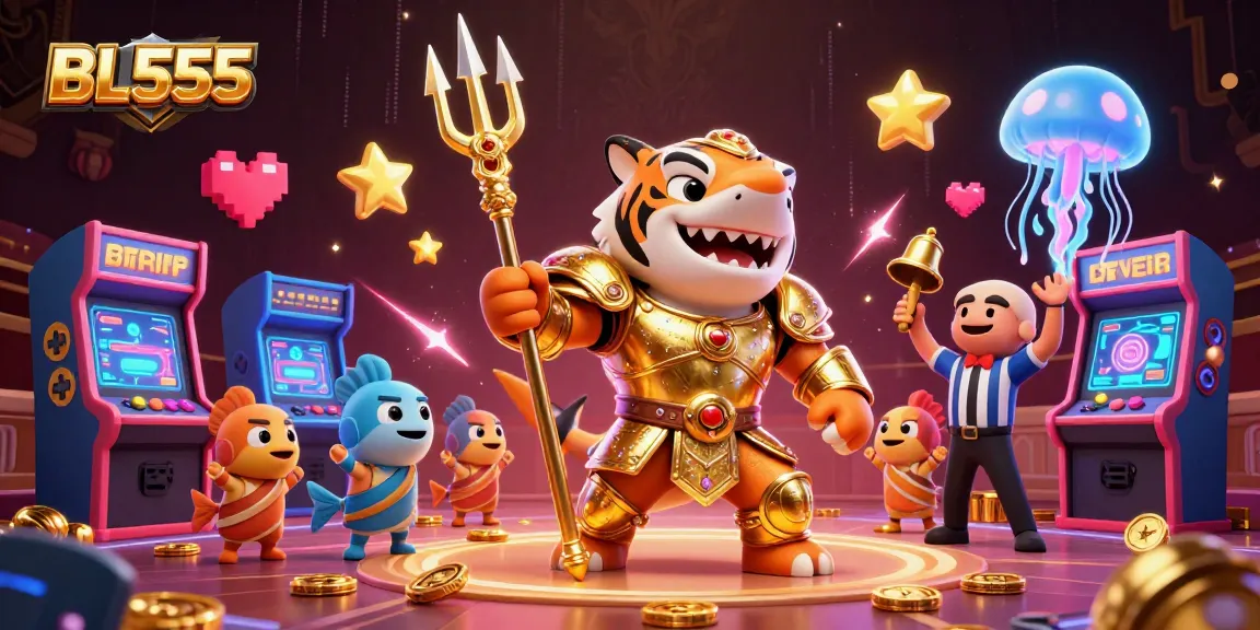 Experience thrilling gaming at BL555 with a majestic shark gladiator in a vibrant underwater casino.