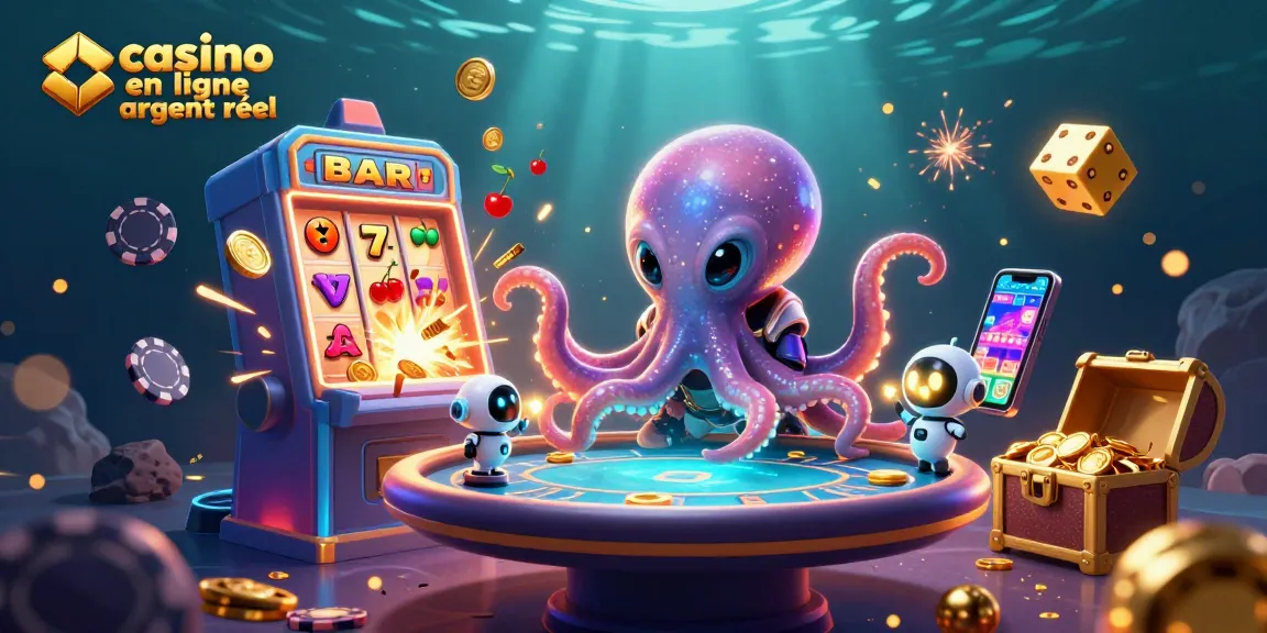 Visuel captivant de "casino en ligne argent réel" avec un octopus extraterrestre jouant au poker et des éléments de machines à sous.