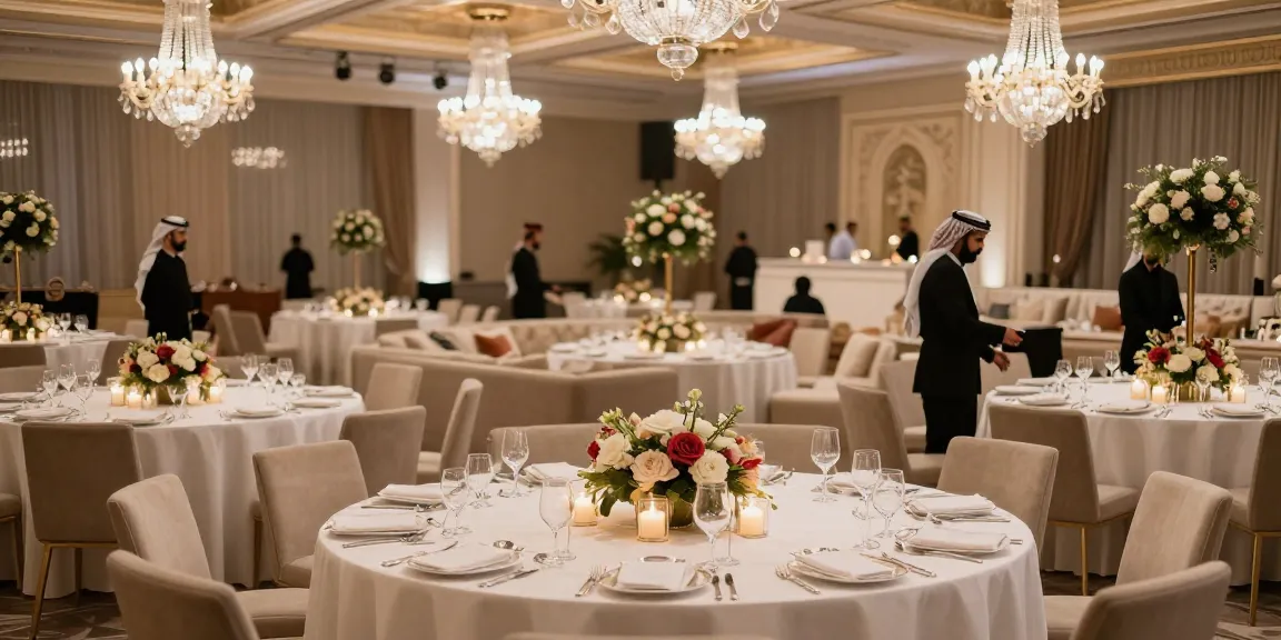 Event furniture rental setup in a luxurious Saudi ballroom with elegant tables and decor.