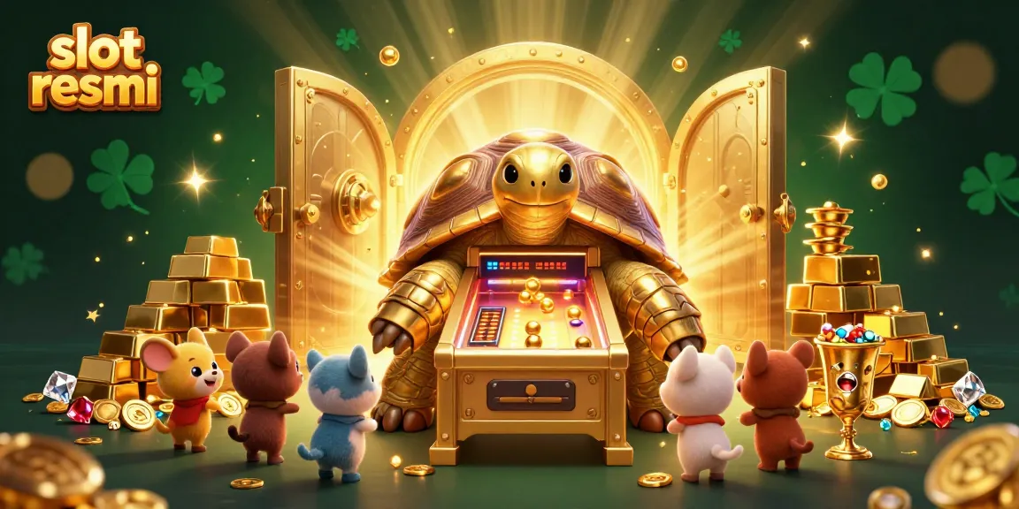 Experience slot resmi with golden tortoise pinball machine surrounded by treasures in vibrant casino scene.