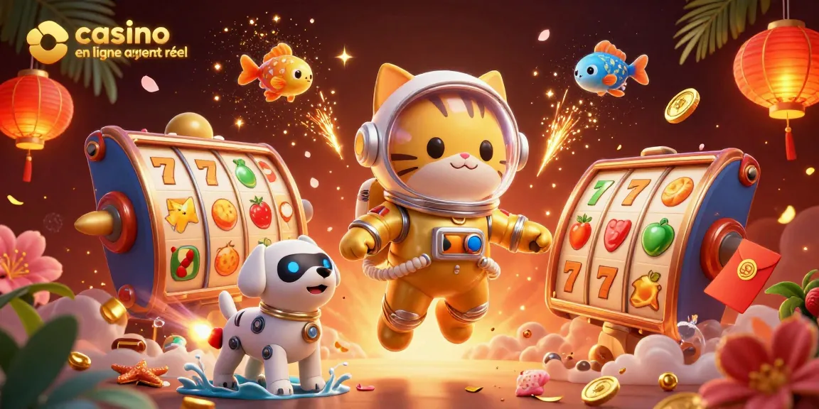 Plongez dans l'univers des jeux avec casino en ligne argent réel et un chat astronaute au milieu des machines à sous.