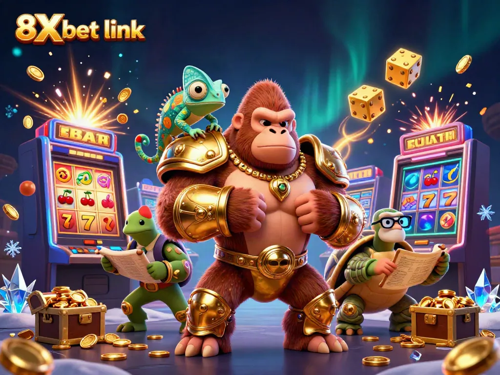 Engage with the 8Xbet link amidst a vibrant casino world featuring exciting characters and dynamic gaming elements.