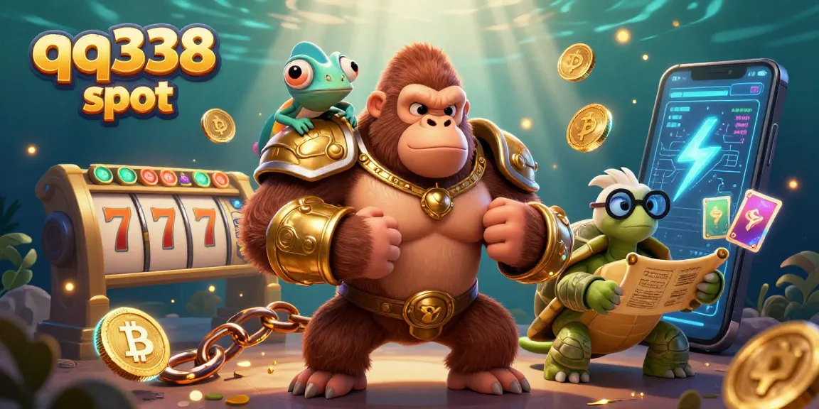Engage with the vibrant qq338 slot world featuring a powerful gorilla in armor and dynamic gambling elements.