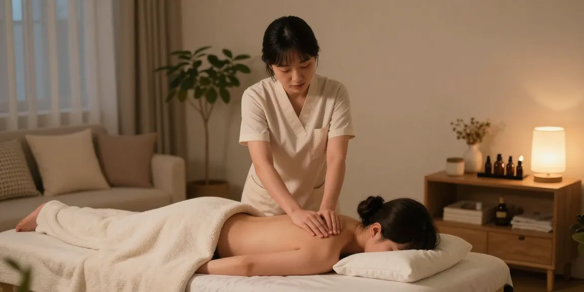 용산출장마사지 전문 관리사가 편안한 집에서 고객에게 마사지 서비스를 제공하는 모습