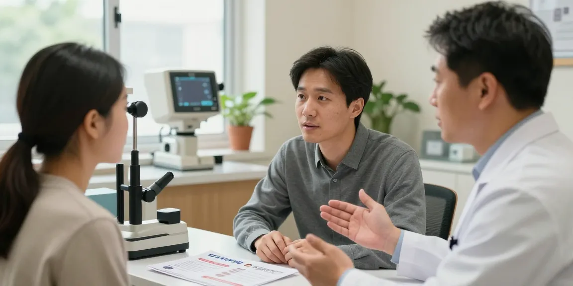 Discussing dry eye treatment options with a doctor in a comforting eye care office.