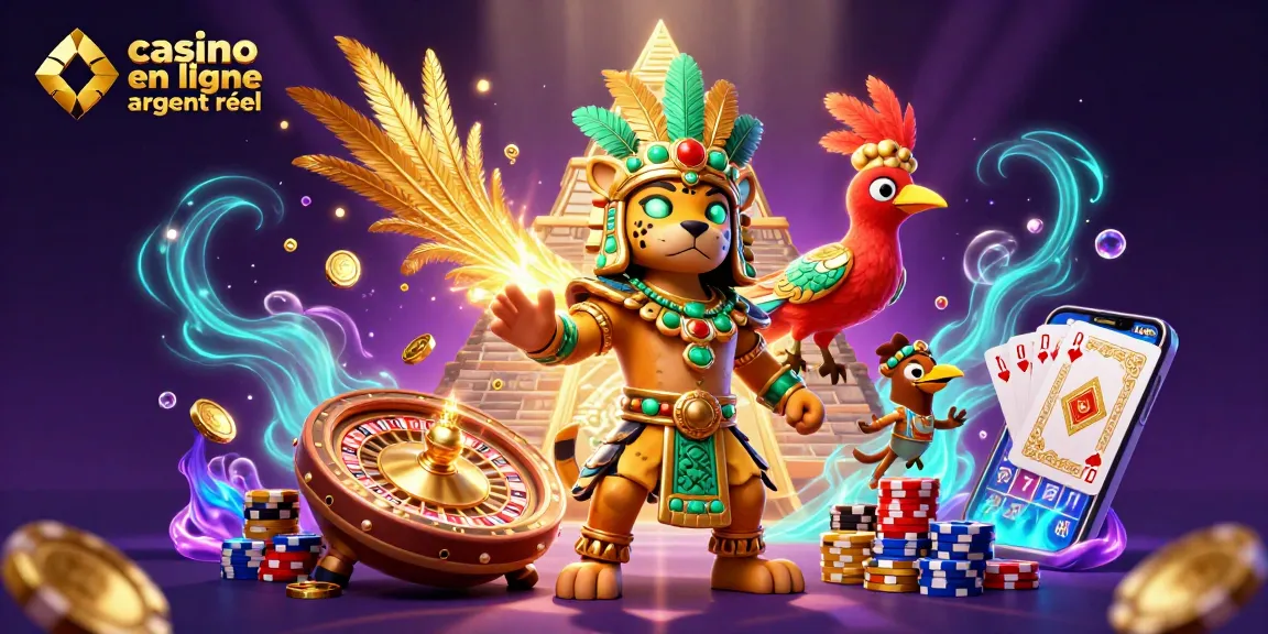 Le personnage principal du casino en ligne argent réel entouré de pièces d'or et de jeux animés.