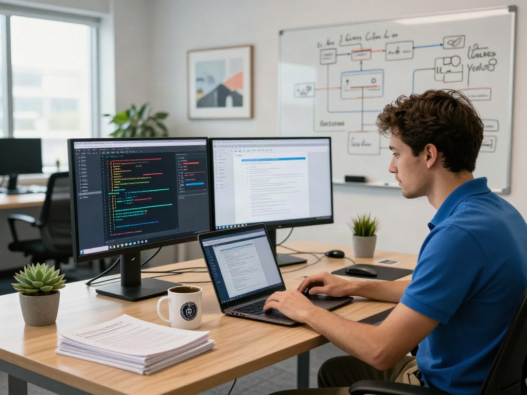 Software engineer coding document fraud detection software in a modern office workspace.