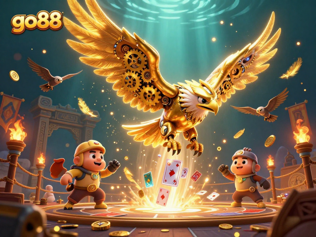 Experience the excitement of go88 in this dynamic casino scene with a golden eagle and holographic cards.