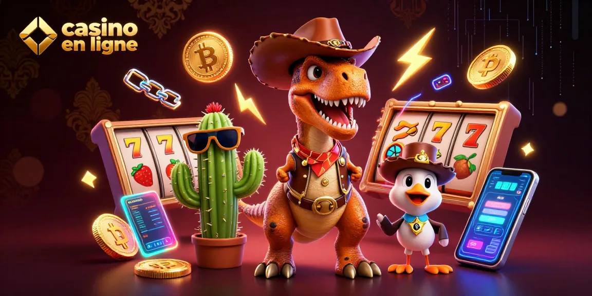 Jouer au casino en ligne avec un dinosaure cowboy, animations colorées et jeux de machine à sous.