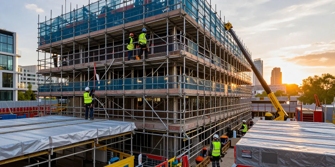 Expert team working on Commercial Scaffolding London construction site, showcasing safety and professionalism.