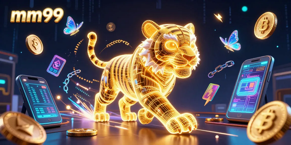 Experience thrilling gaming at mm99 with a neon tiger navigating a vibrant digital casino.