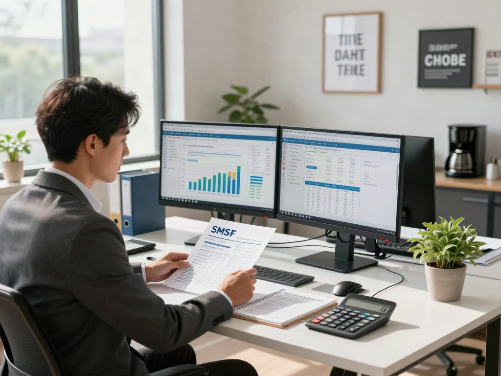 SMSF Accountant reviewing financial documents in a modern office, showcasing compliance and professionalism.