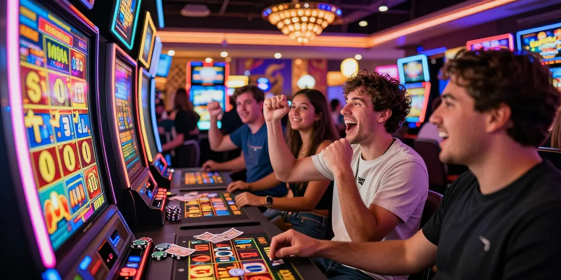 Slot gacor di kasino dengan pemain merayakan kemenangan, suasana ramai dan penuh warna.