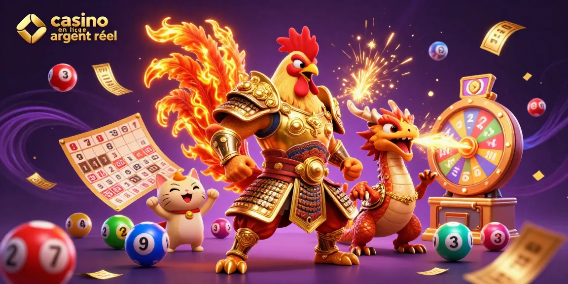 Lionceau dragon et coq guerrier fêtent le casino en ligne argent réel avec des jeux colorés.