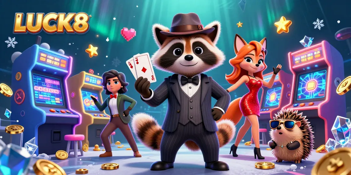 Experience exciting gaming moments with LUCK8 as animated characters celebrate a royal flush in a vibrant casino.