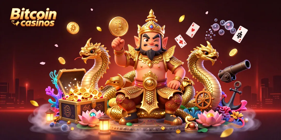 Jouez à des casinos Bitcoin avec une illustration dynamique de gardiens et trésors sous-marins.