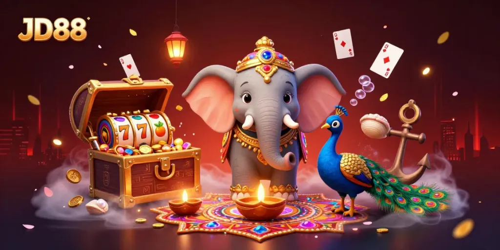 Immerse in JD88’s vibrant casino scene featuring an ornate elephant and rich, dynamic elements.