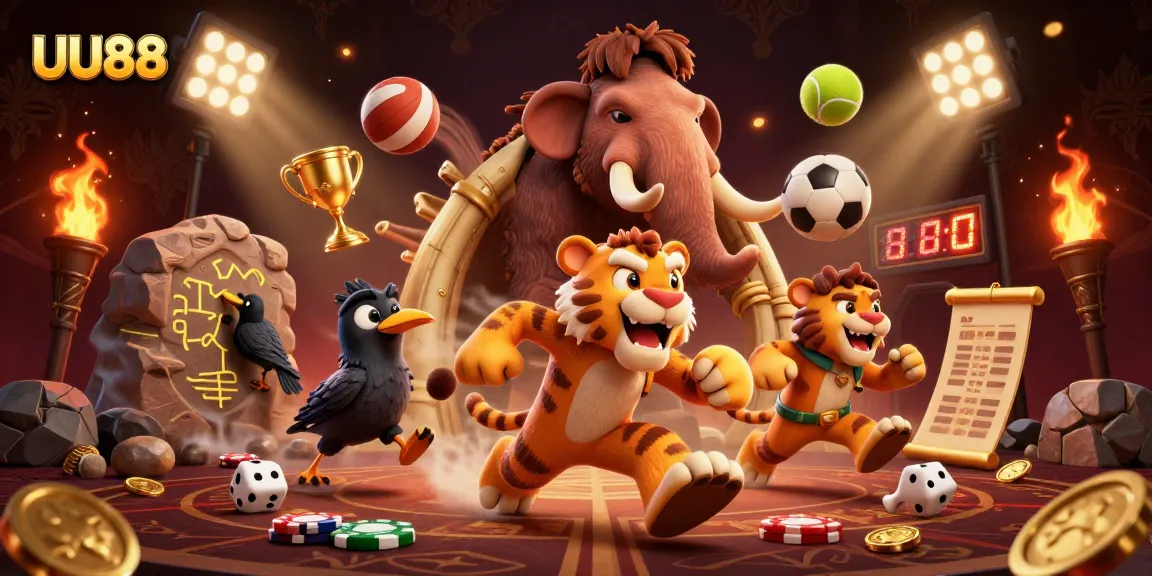 Experience thrilling gaming at UU88 with a dynamic scene featuring prehistoric casino elements.