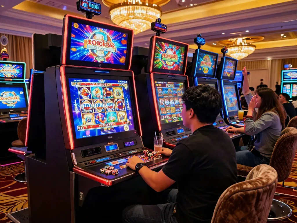 Person using rokok88 slot login at a luxurious casino gaming machine, vibrant atmosphere of excitement