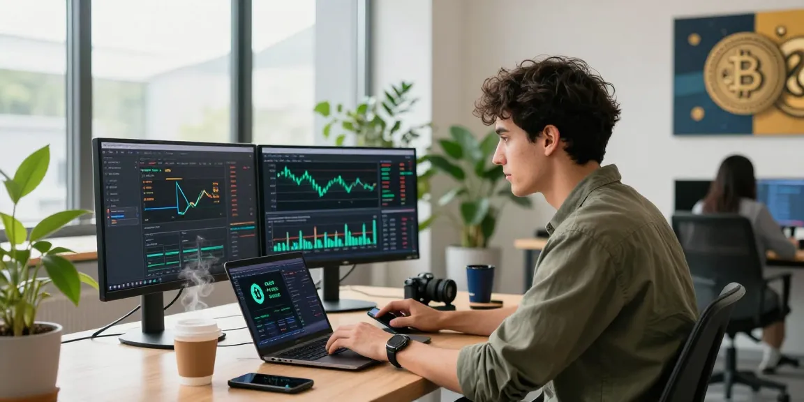 Engaging OKX Exchange reviews scene showcasing a crypto trader analyzing charts in a coworking space.