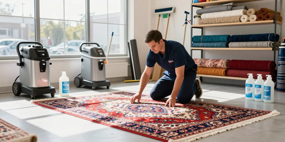 Rug cleaning company technician inspecting a colorful oriental rug in a professional workspace